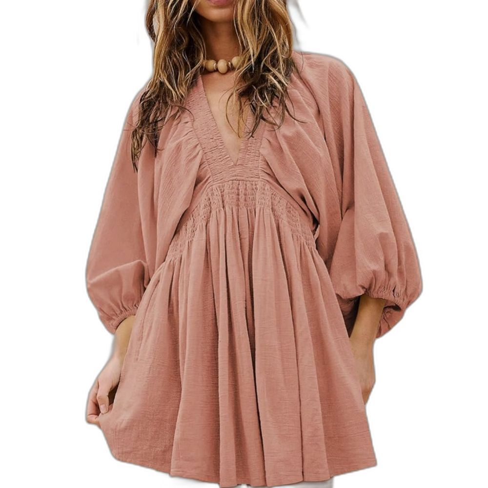 Salmon Pink Babydoll Long-Sleeve V-Neck‎ Dress — Size L, Casual & Ruffle A-Line